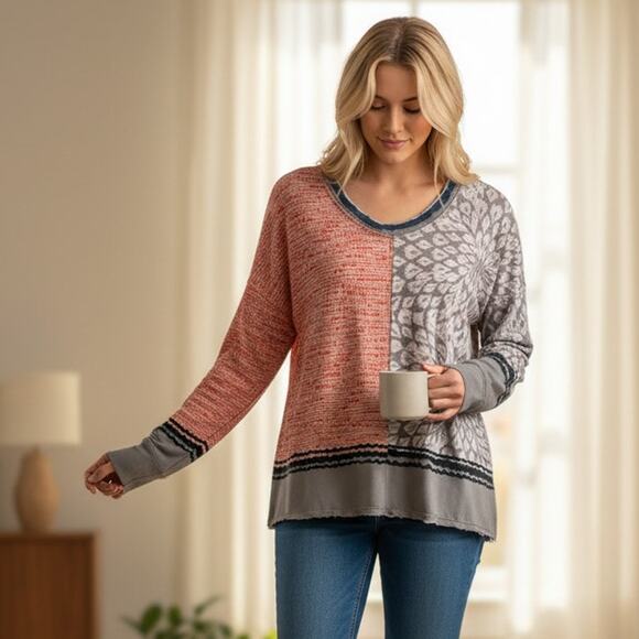 David Cline Mixed Print Top Womens Large Multicolor Long Sleeve Casual Tee - Picture 1 of 9